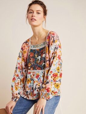 Anthropologie Maeve Floral Patchwork Peasant Blouse in Pink, Green, Yellow